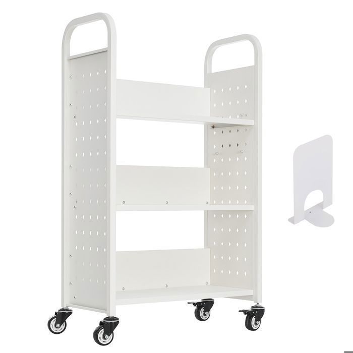 DUOKU Chariot à livres 3 étagères 150 kg 77×38×122 cm blanc avec roulettes et freins