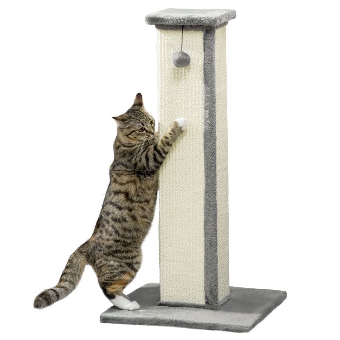 Comparer les prix de Griffoir pour chat - PawHut - boule suspendue - base stable - en sisal et peluche - 41 x 41 x 81 cm - gris et crème