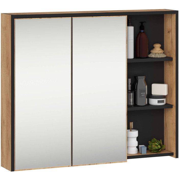 Armoire salle de bains VAMI suspendu avec miroir Chêne Craft et Noir 90 cm 2 portes 6 étagères 90x15x75 cm Armoire salle de bains VAMI suspendu avec miroir Chêne Craft et Noir 90 cm 2 portes 6 étagères 90x15x75 cm