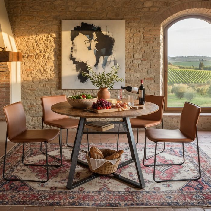 Table à Manger Ronde - Novélys - 120cm pour 4-6 Personnes - avec Étagère de Rangement - Style Industriel - Bois Vintage & Métal