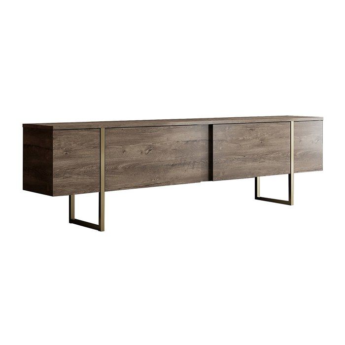 Meuble TV avec 2 portes - Naturel foncé et doré - ZIRELDA Meuble TV avec 2 portes - Naturel foncé et doré - ZIRELDA