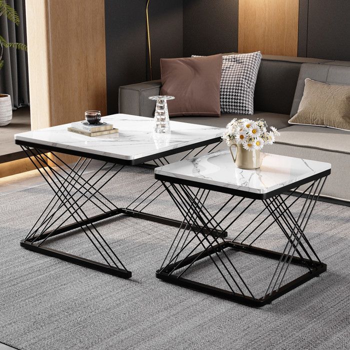 Tables Basses Lot de 2 Tables Carrées Aspect Marbre Brillant Pieds Réglables en Hauteur Table dappoint pour SalonBlanc et