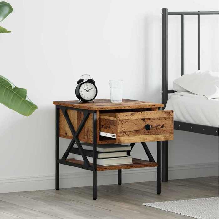 Table de chevet industrielle - vidaXL - Tiroir - Étagère - Bois ancien - 40x42x45 cm - Grand espace de stockage