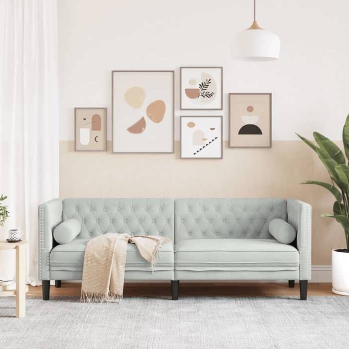Canapé chesterfield avec traversins 3 places JILI Sofa de salon pour adulte/enfant gris clair velours 194x74.5x70.5 cm JJ882