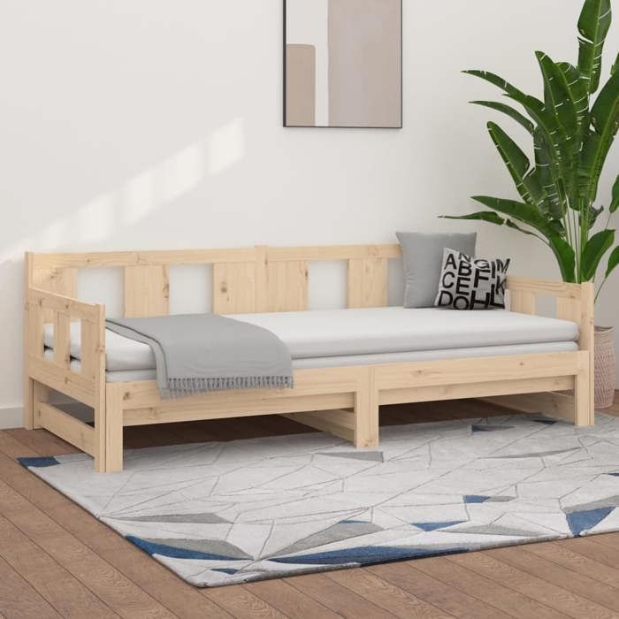 Lit coulissant en bois de pin - UU - 2x(90x190) cm - Bois de pin massif - Convertible - Peu encombrant - Brun