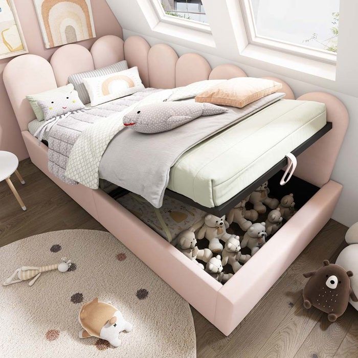 Lit enfant - 90 x 200 - Coffre de rangement hydraulique - Velours rose - Sommier à lattes métal