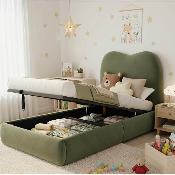 Lit coffre 90x200 cm enfant rangement hydraulique tête rembourrée velours vert (Sans matelas)