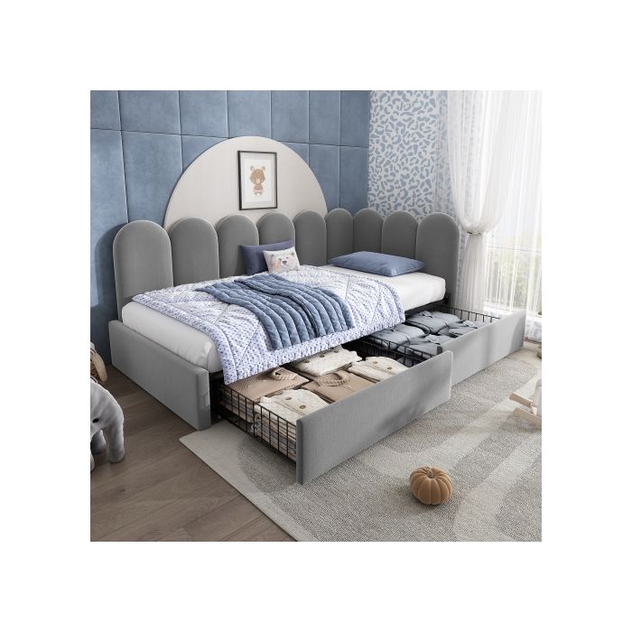 Lit banquette 90x190 cm - MODERNLUXE - Velours - 2 tiroirs - Sommier à lattes - Gris