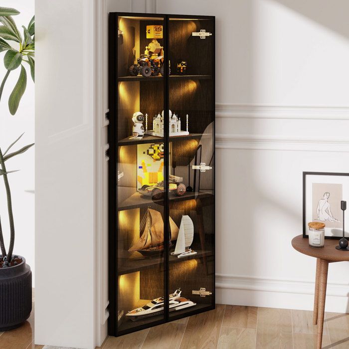 Vitrine Angle LED 62 x 35 x 160 cm avec Éclairage Intégré Meuble en Verre avec Portes et Cadre Aluminium Armoire à Coins