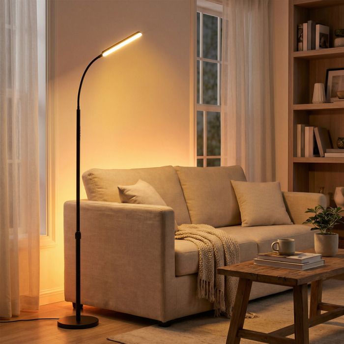 Lampadaire Hauteur Réglable 141‑175 cm Col de Cygne Orientable à 360° Minuterie et Fonction Mémoire Télécommande Noir Mat