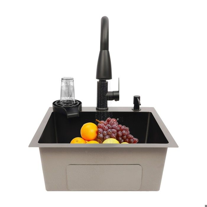 Évier de cuisine noir 40 x 45 cm encastrable avec robinet extensible panier dégouttement et distributeur de savon