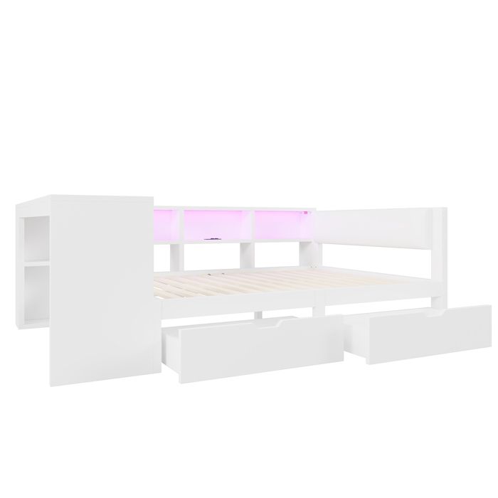 Lit 2 personnes 140x200 cm EVRYAE - avec rangement 2 tiroirs station de charge USB et LED 7 couleurs - Blanc