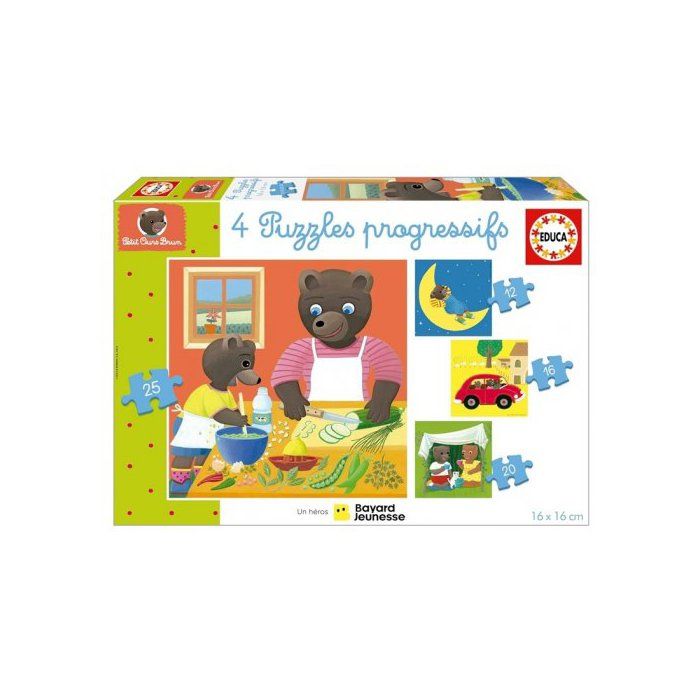 Super Puzzles Enfant 4 en 1 Petit Ours Brun en Famille 12-16-20-25 pieces - Progressif Evolutif - Set Jeu Educatif 3 ans et Carte
