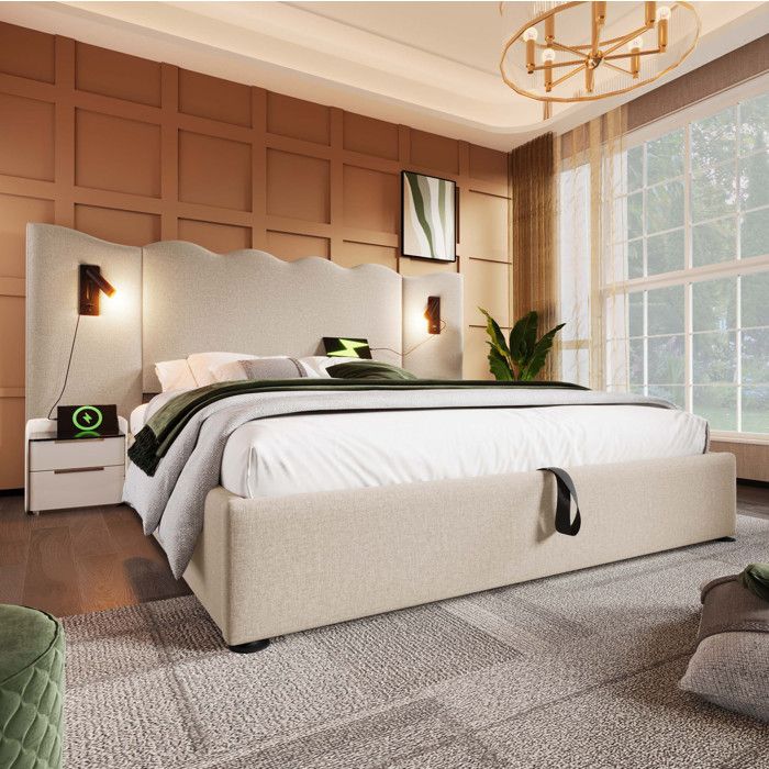 Lit coffre beige 160 × 200 lampe de lecture rotative USB-C sans matelas