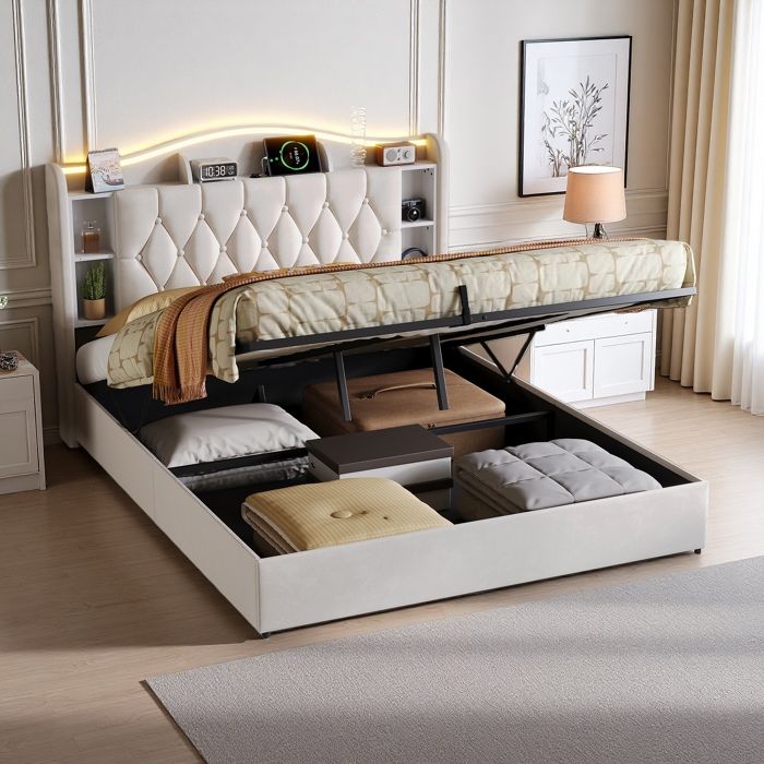 Lit coffre 140x200 - Design nordique velours beige - LED RGB 60000 couleurs - Charge sans fil 15W+USB - Rangement pneumatique