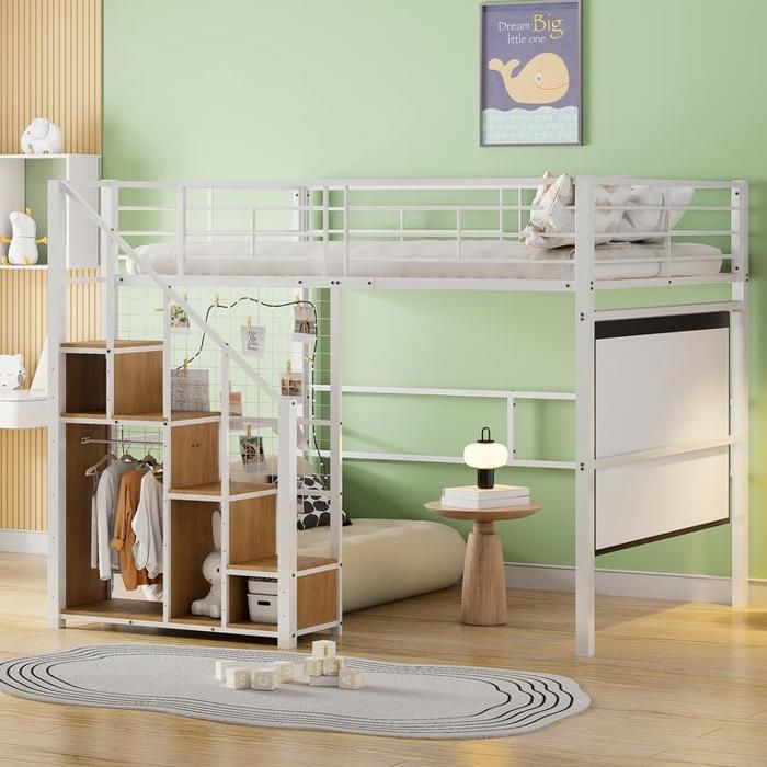 Lit mezzanine 140×200 cm avec échelle de sécurité Lit enfant avec structure en fer et tablette Lit 2 personne en blanc