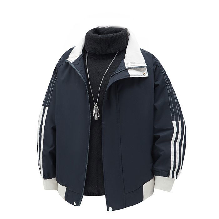 Veste Homme Col montant Manches longues Automne Printemps Sport Bleu marine