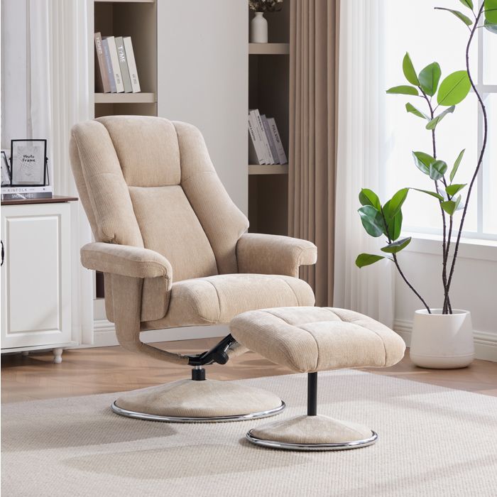 Fauteuil relax pivotant avec repose-pieds EVRYAE dossier inclinable 145° chenille taupe clair style scandinave