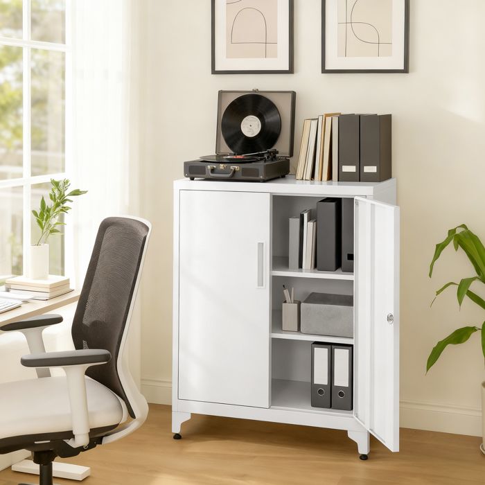 Caisson De Bureau Armoire de Bureau à 2 Portes Verrouillable en Acier pour Bureau Salon Blanc