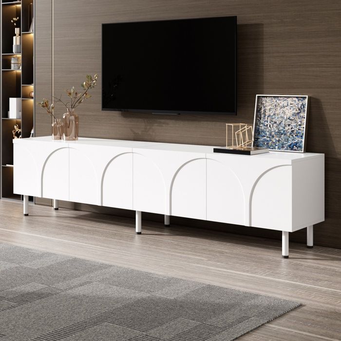 Meuble TV 180×35×49 cm avec 4 portes bas avec pieds métalliques montage facile adapté au salon blanc