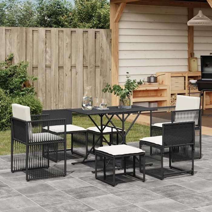 VIDAXL Ensemble Table avec chaises jardin coussins - (7 pcs) - anti-uv - noir résine tressée 104x56x72 cm M9075
