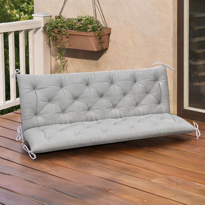 Coussin de banc 3 places en polyester gris froid 150x98x8 cm avec liens de fixation