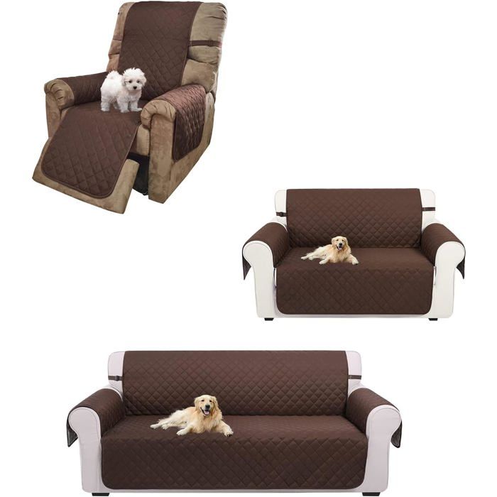 Housse de Canapé Matelassée Imperméable Antidérapante Ensemble Sofa Loveseat Fauteuil Réversible Café