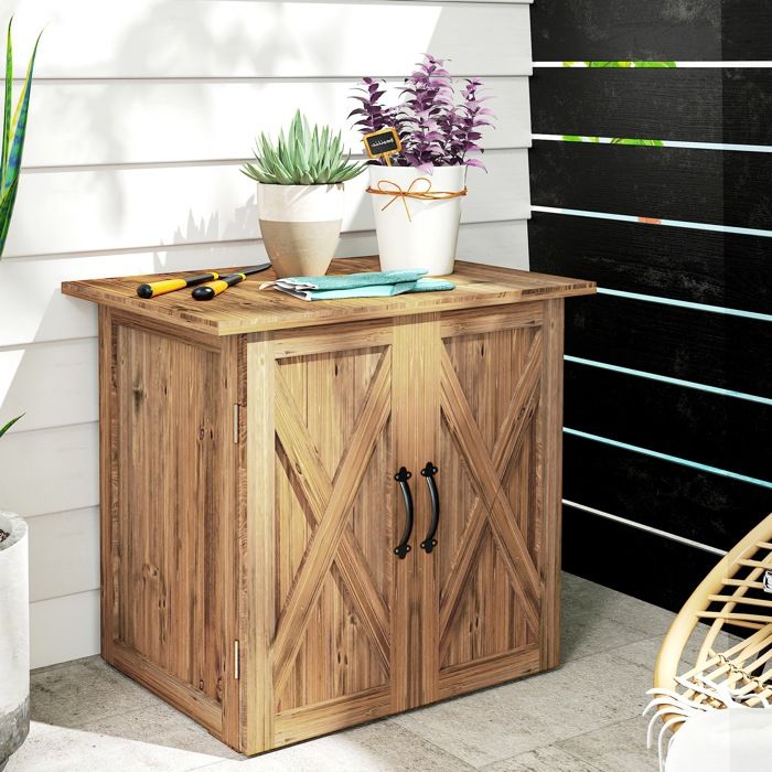 Armoire de jardin d’extérieur en bois 77 x 55 x 72 cm marron 2 portes magnétiques rangement outils