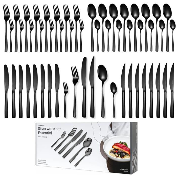 Deleca Ménagère Essential 48 Pièces 8 Personnes - Couverts Inox Noir Brillant Vaisselle Lave-Vaisselle