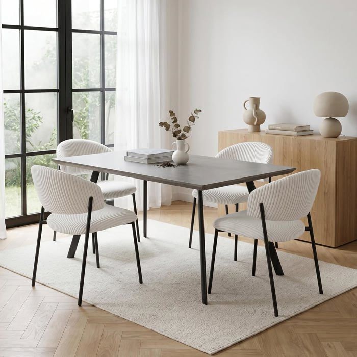 JIEXI Ensemble table de salle à manger et 4 chaises 120 cm table de cuisine en MDF gris avec chaises en velours côtelé blanc