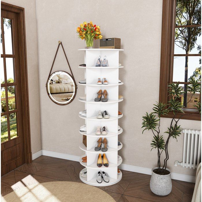 Meuble à chaussures rotatif 8 niveaux ouverts 32 paires 360° sur pied - BEAUNIV - Entrée PVC blanc 60×60×1839 cm