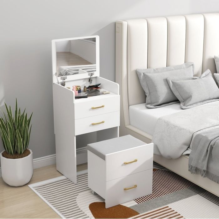 Coiffeuse 3-en-1 avec miroir 2 tiroirs tabouret roulant et plateau en verre blanc 48 x 40 x 90 cm