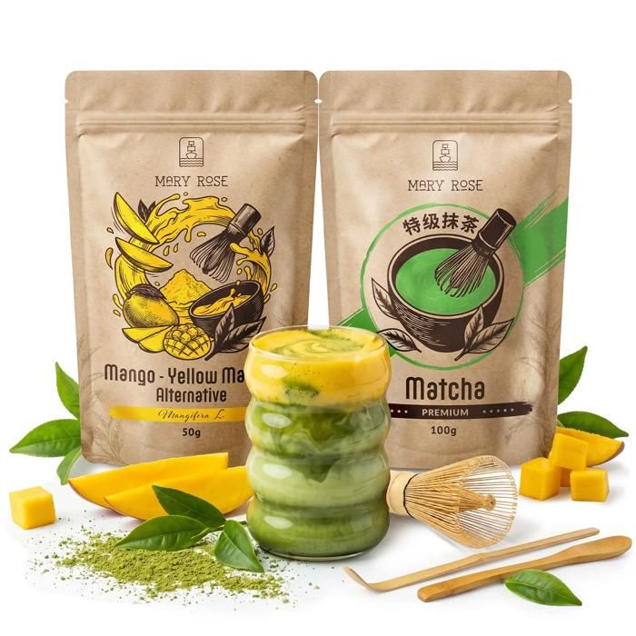 Kit Matcha de Cérémonie Mary Rose - Matcha Vert Premium 100g Matcha Jaune Mangue 50g et Accessoires en Bambou