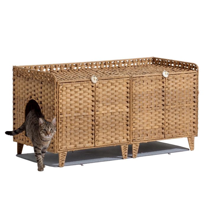 Meuble cache-litière double en rotin pour 2 chats – Grand maison avec tapis 2 crochets et portes – pour salon ou chambre – Naturel