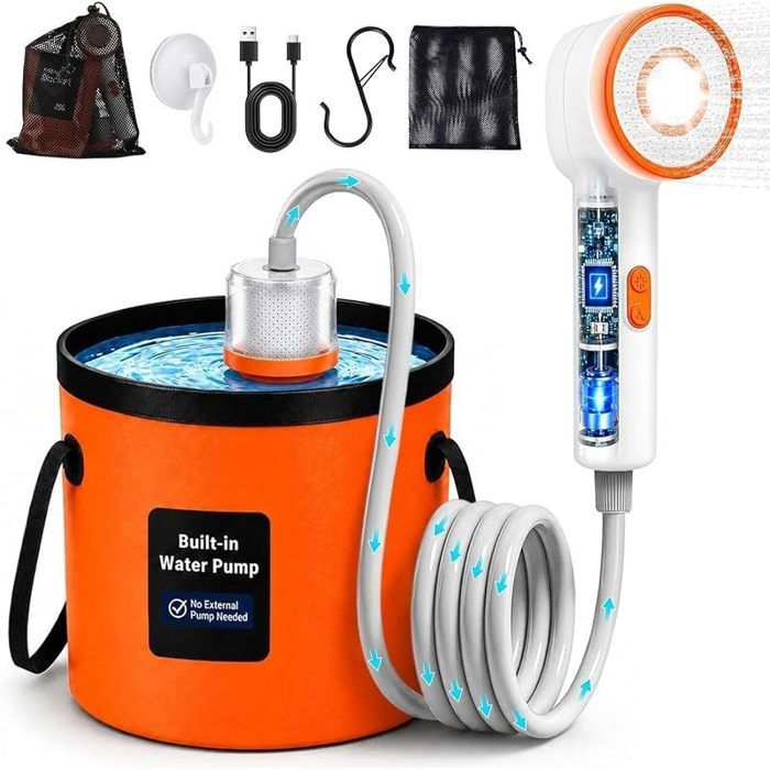 Douche Camping Portable avec Pompe Batterie 6000mAh Kit Douche avec Seau Pliable 20L Charge USB-C Douche Extérieure Camping Orange