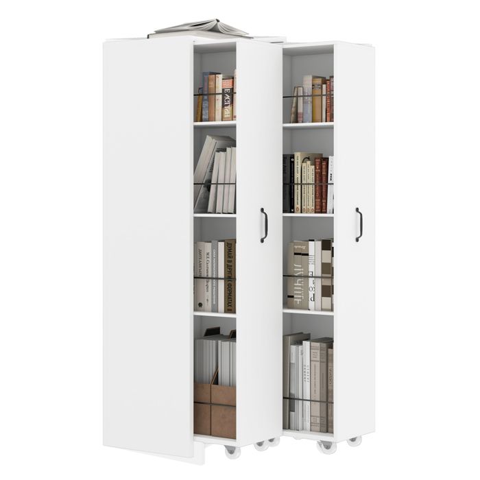 Bibliothèque extensible sur roulettes 51 5 x 41 x 158 cm MDF blanc 4 étagères par module réversible gauche/droite