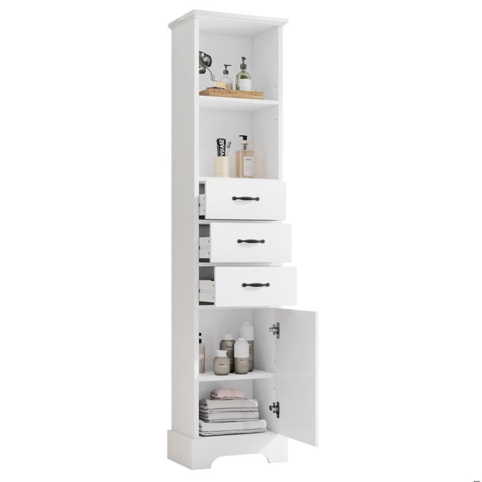 Colonne de salle de bain en MDF laqué blanc – 38 x 26 x 1725 cm – 3 tiroirs étagères réglables 1 porte
