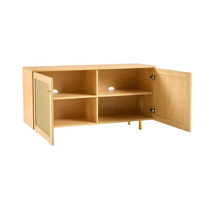 Buffet bas double porte - effet bois naturel - rotin tressé - pieds en métal doré - 120 x 40 x 63 cm