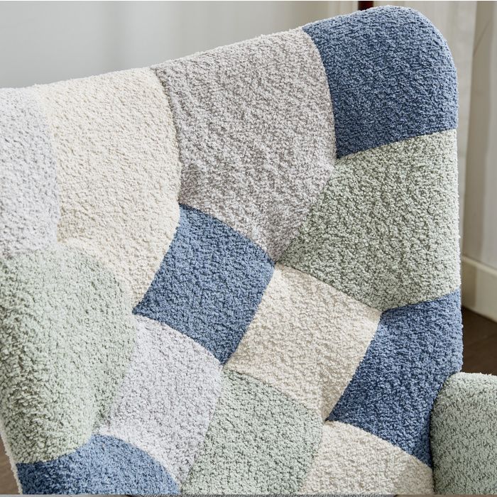 Fauteuil à bascule avec repose-pieds fonction balancement tissu patchwork beige et bleu - UVRION
