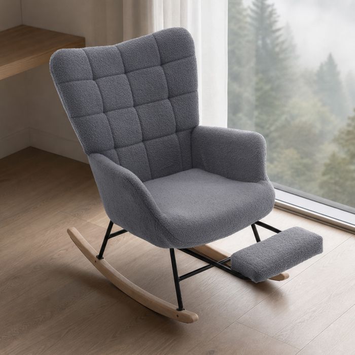 Fauteuil à bascule avec repose-pieds extensible structure en fer pieds en hévéa revêtement confortable Gris