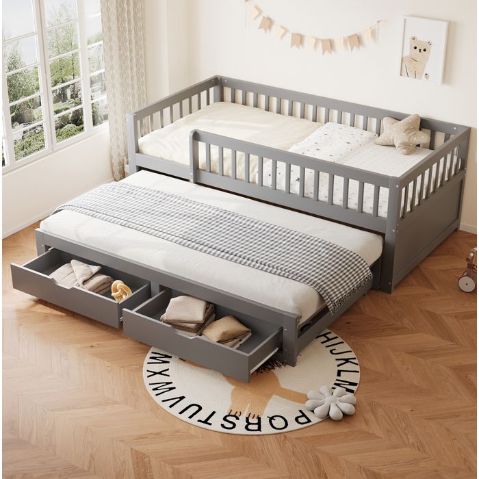 Lit combiné enfant 90×200 cm avec lit gigogne 2 tiroirs et barrière - BEAUNIV - sans matelas bois gris