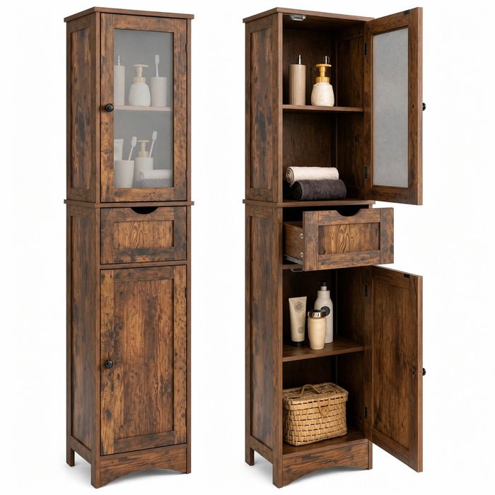 COSTWAY Meuble Colonne de Salle de Bain avec 2 Portes et 1 Tiroir Étagères Réglables et Porte Verre Dépoli 40x30x170 cm Marron