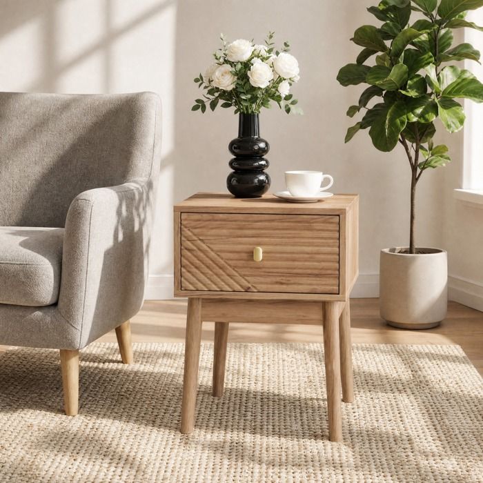 Table de chevet 40 x 40 x 55 cm avec 1 tiroir MDF aspect bois chêne pieds en bois massif JOINERY