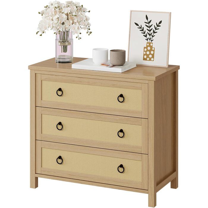 Commode 3 Tiroirs en Rotin Finition Naturelle Meuble Gain de Place avec Poignées Anneau pour Chambre et Salon