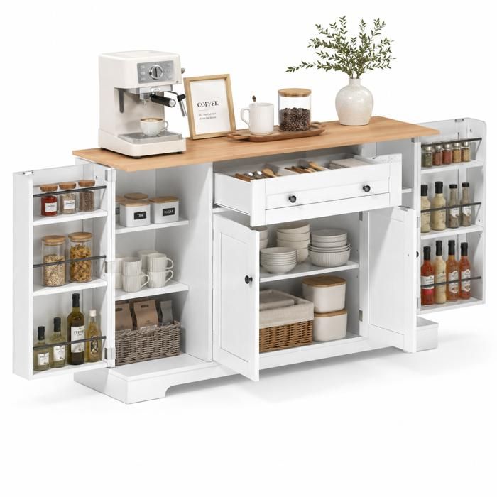 Buffet de rangement - FURNITURER - 138x40x85 cm - Blanc/bois clair - Tiroir central - Portes avec rangements intégrés