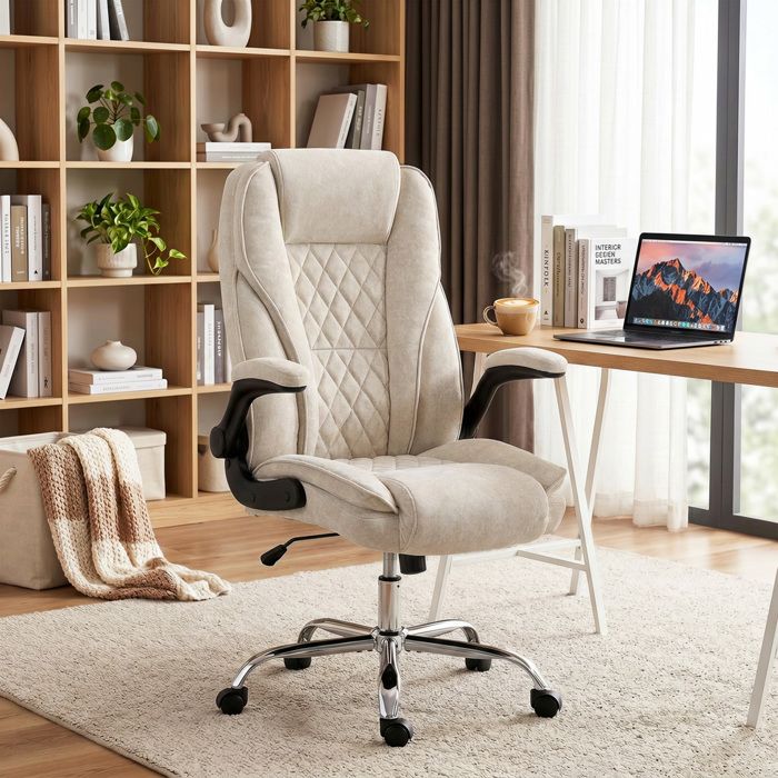 Fauteuil de bureau - Chaise ergonomique - Accoudoirs relevables - Réglable en hauteur - Tissu velours beige