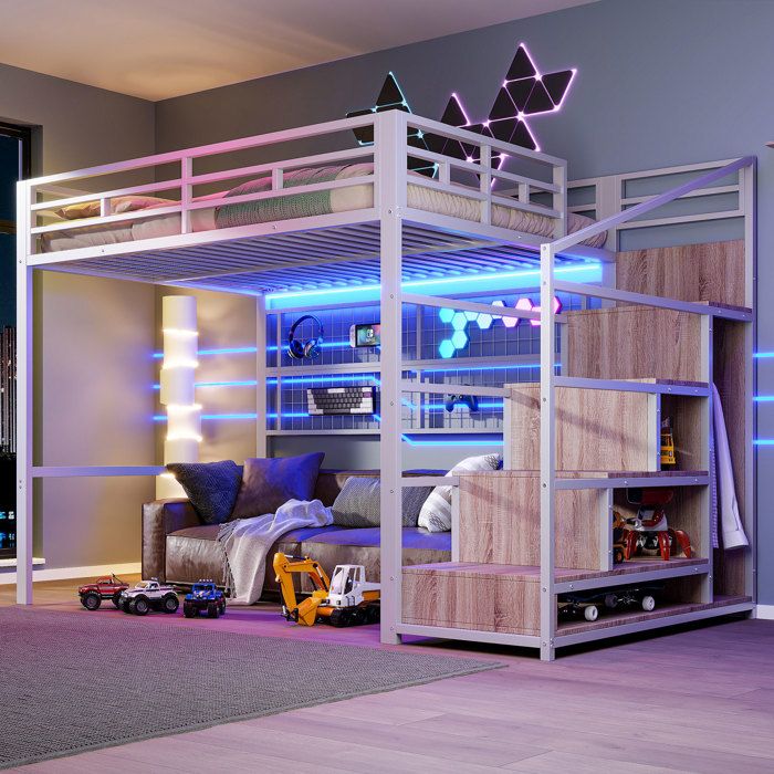Lit Mezzanine Enfant 140x200 cm Penderie Escalier avec Rangement LED 7 Couleurs Métal et MDF Blanc