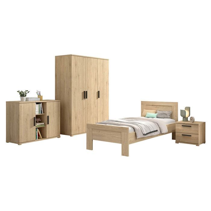 MARCO - Chambre Enfant Complète Lit 90x200cm Chevet Armoire 3P et Commode Aspect Chêne MARCO - Chambre Enfant Complète Lit 90x200cm Chevet Armoire 3P et Commode Aspect Chêne