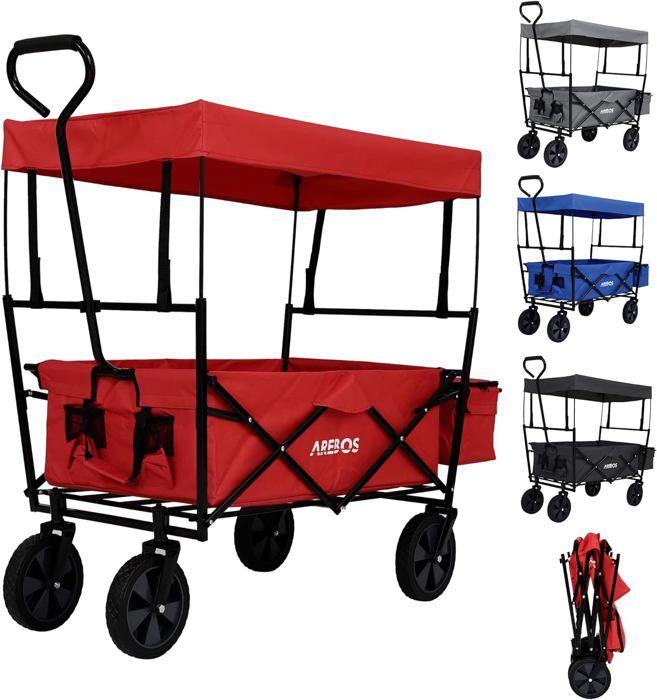 AREBOS Chariot de transport pliable avec toit - 2X Poches en Filet - 1x Poche extérieure - Capacité de Charge de 70 kg Max - Rouge