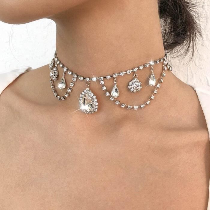 Mariee Mariage Cristal Collier Ras Du Cou Argent Goutte D eau Pendentif Colliers Fleur Scintillante Strass Discotheque Fete Achat Vente sautoir et collier Mariee Mariage Cristal Collier Ras Du Cou Arg...